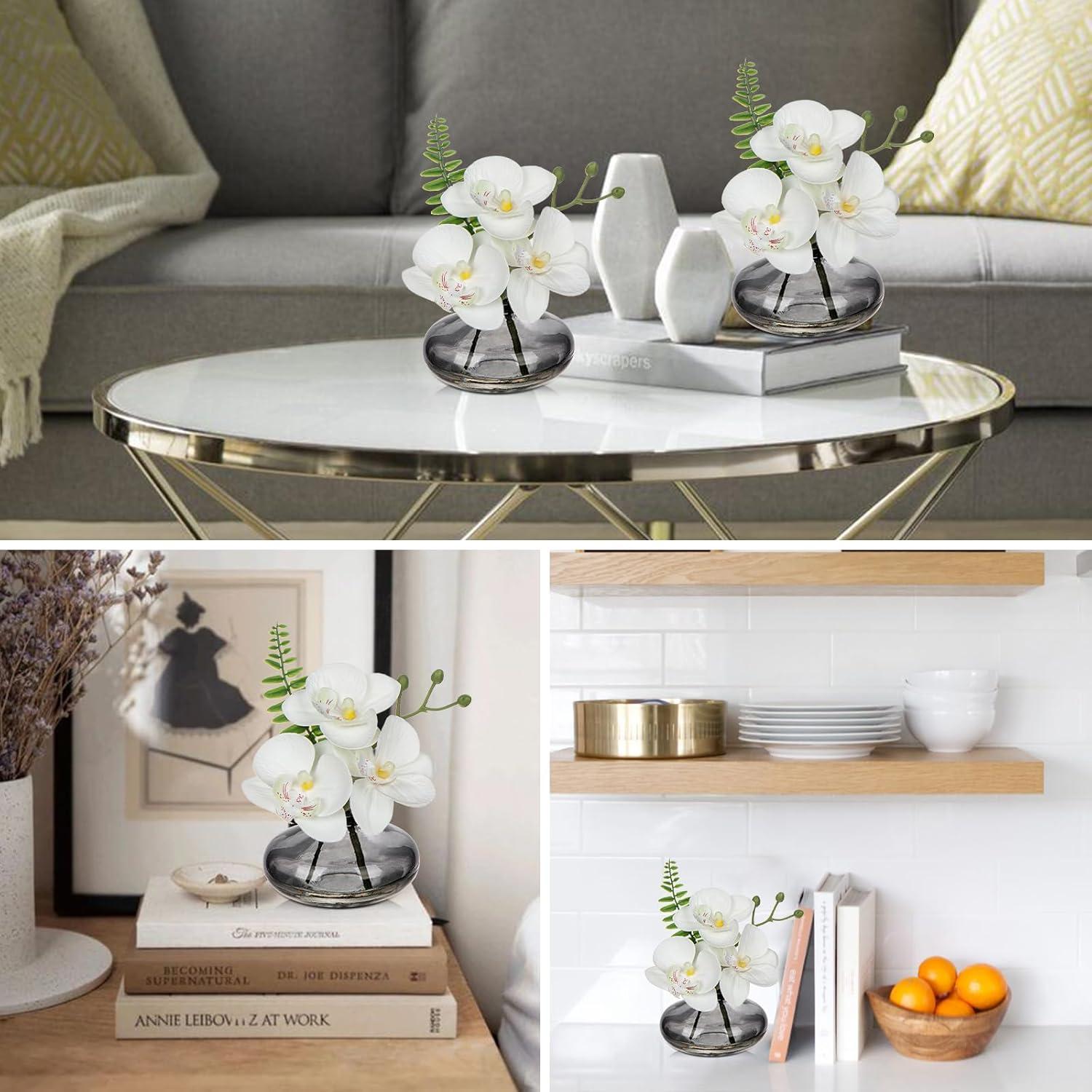 3er Set Künstliche Orchideen Dekoblumen mit Glasvase Weiß Badzimmer Wohnzimmer Büro
