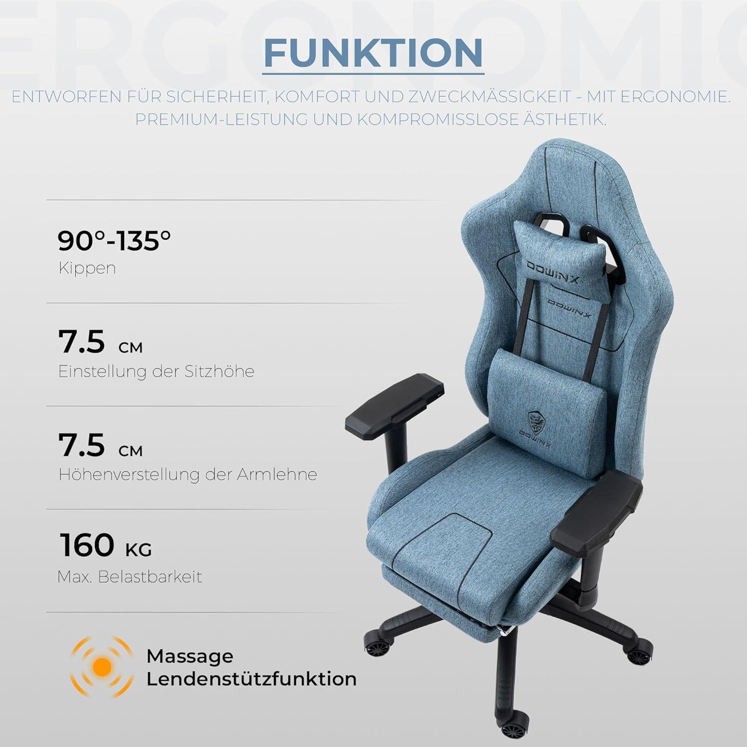 Gaming Stuhl Blau mit Massagefunktion und Fußstützen