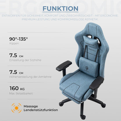 Gaming Stuhl Blau mit Massagefunktion und Fußstützen