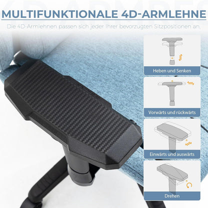 Ergonomischer Gaming Stuhl mit Massagefunktion und Fußstützen in Blau