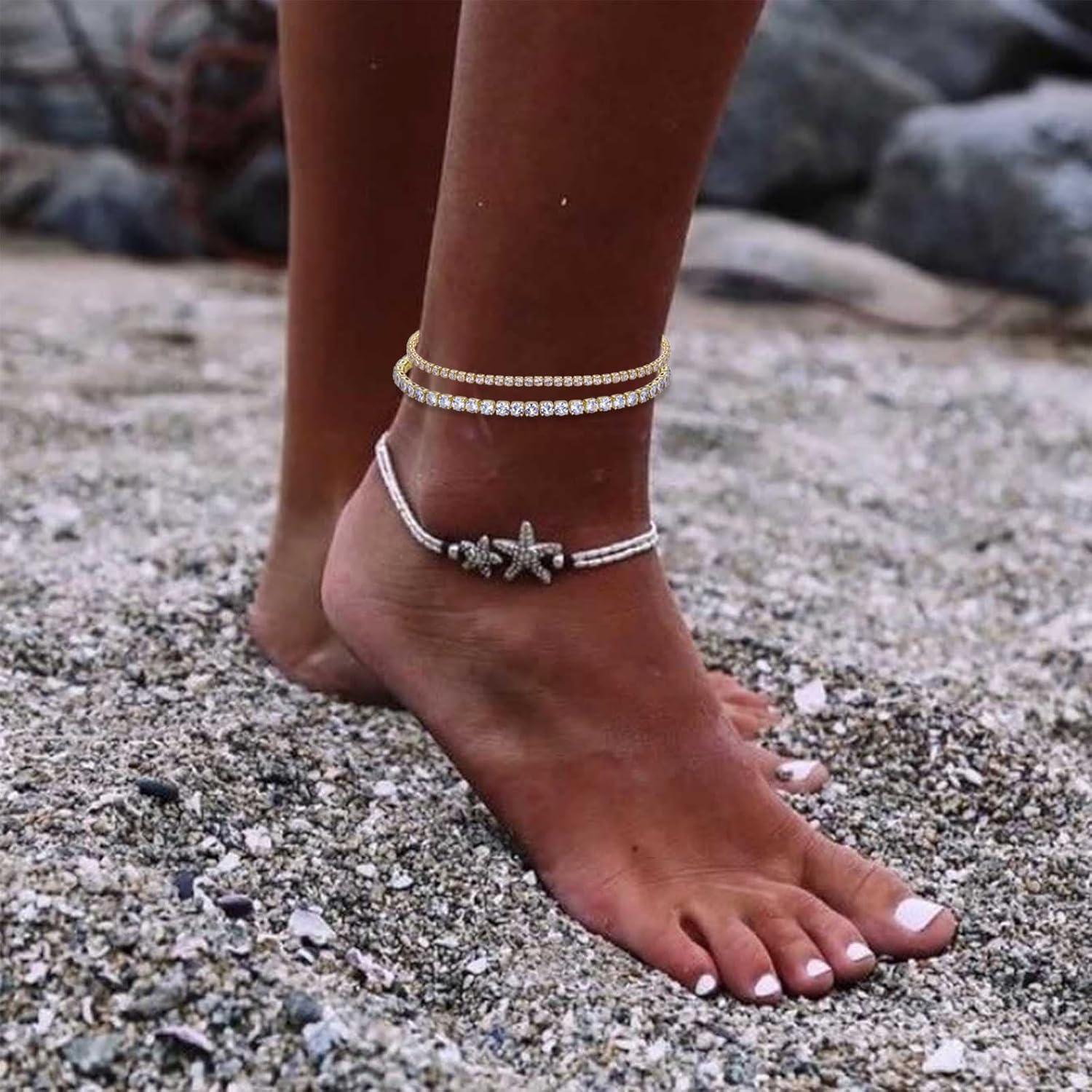 Tennis Fußkettchen Damen 18K Weißgold Vergoldet Zirkonia Strand Schmuck