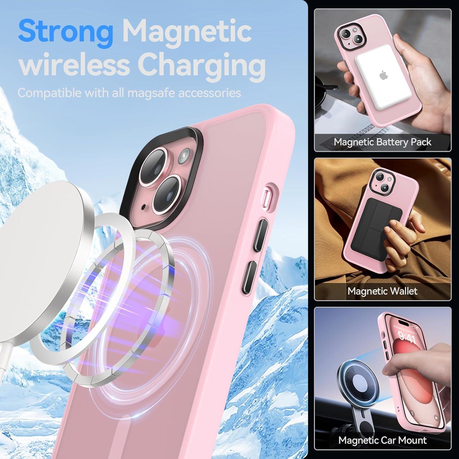 iPhone 15 Hülle mit MagSafe Stärkste Saugkraft Schutzfolie Matt Stoßfest Rose