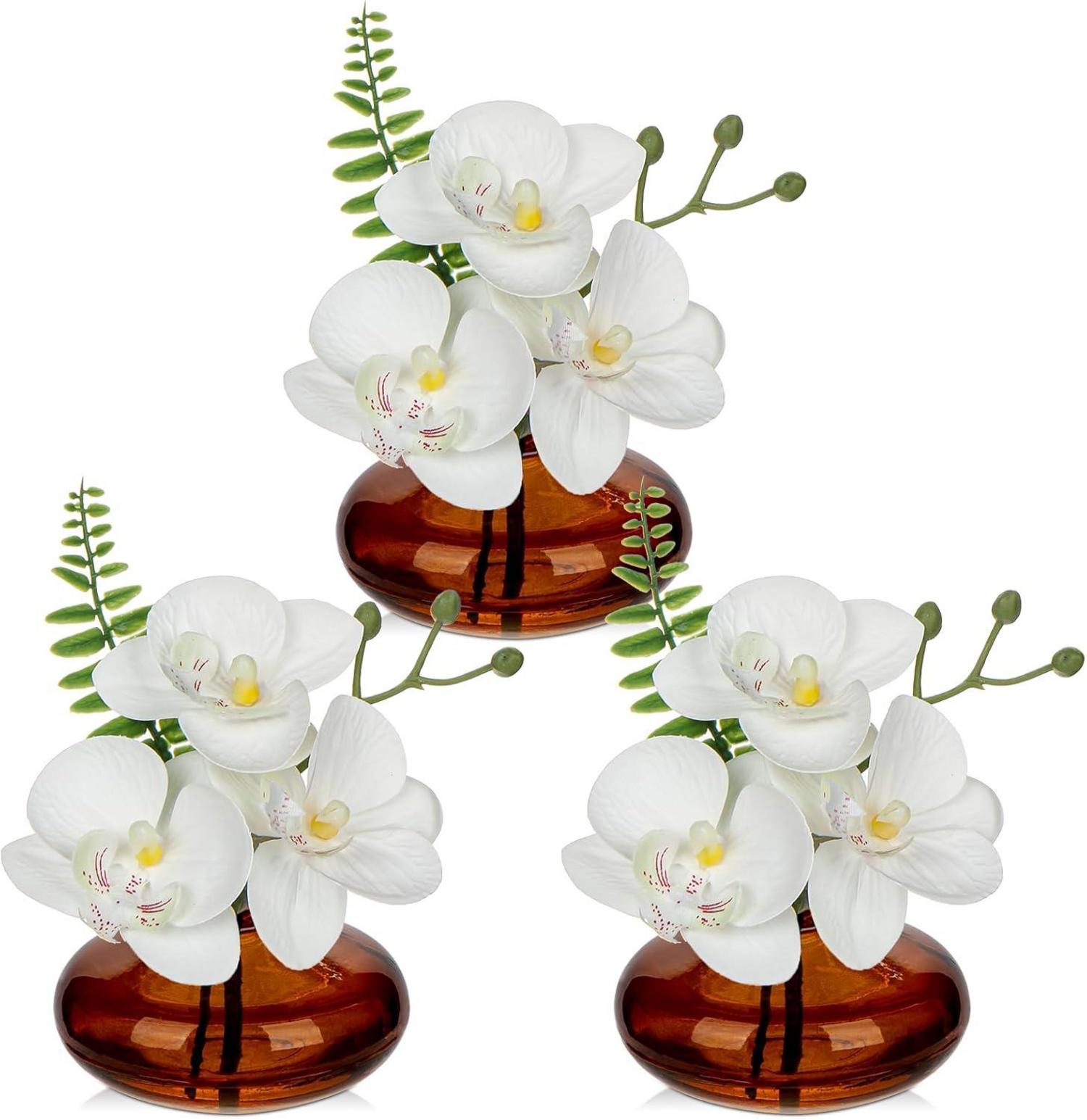 Kunstorchideen 3er Set künstlich mit Glasvase Weiß für Deko