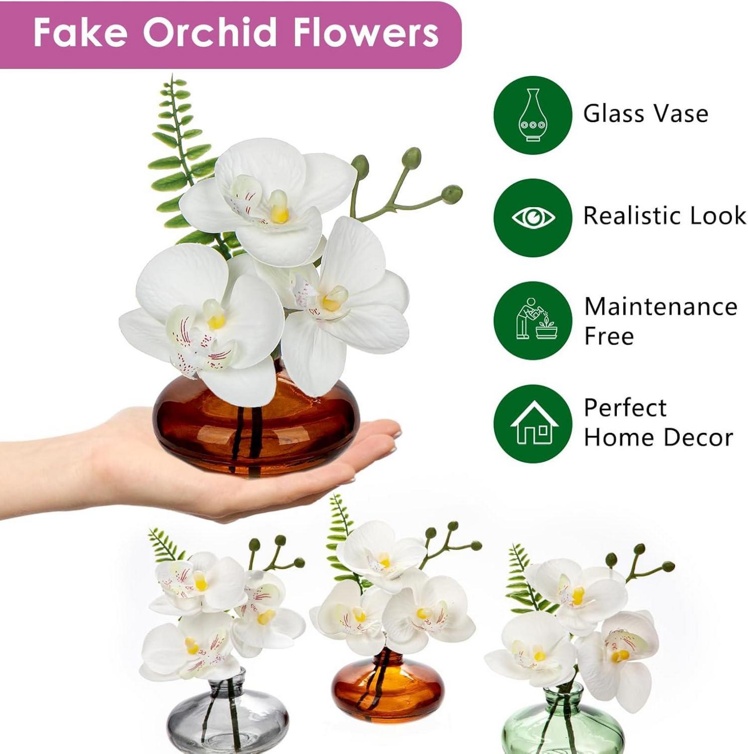 Kunstorchideen 3er Set künstlich mit Glasvase Weiß für Deko