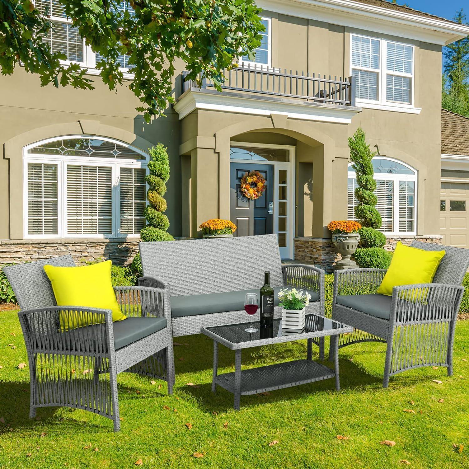 Rattan Gartenmöbel Set 4-Teilig Grau Outdoor Balkonmöbel