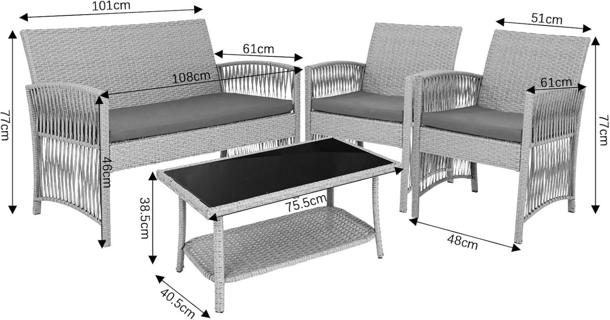Rattan Gartenmöbel Set 4-Teilig Grau Terrasse Balkon Outdoor
