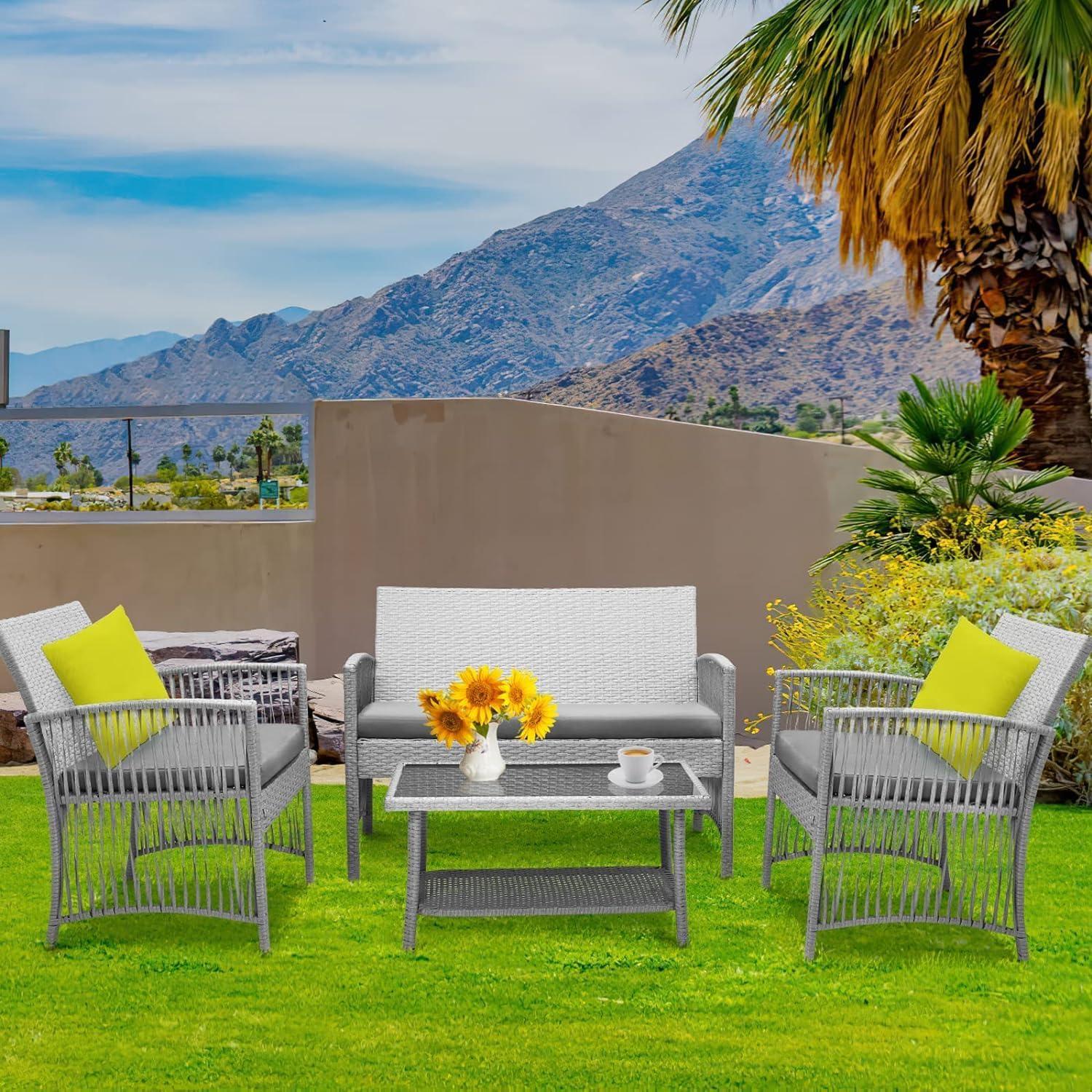 Rattan Gartenmöbel Set 4-Teilig Grau Terrasse Outdoor Bequem Langlebig