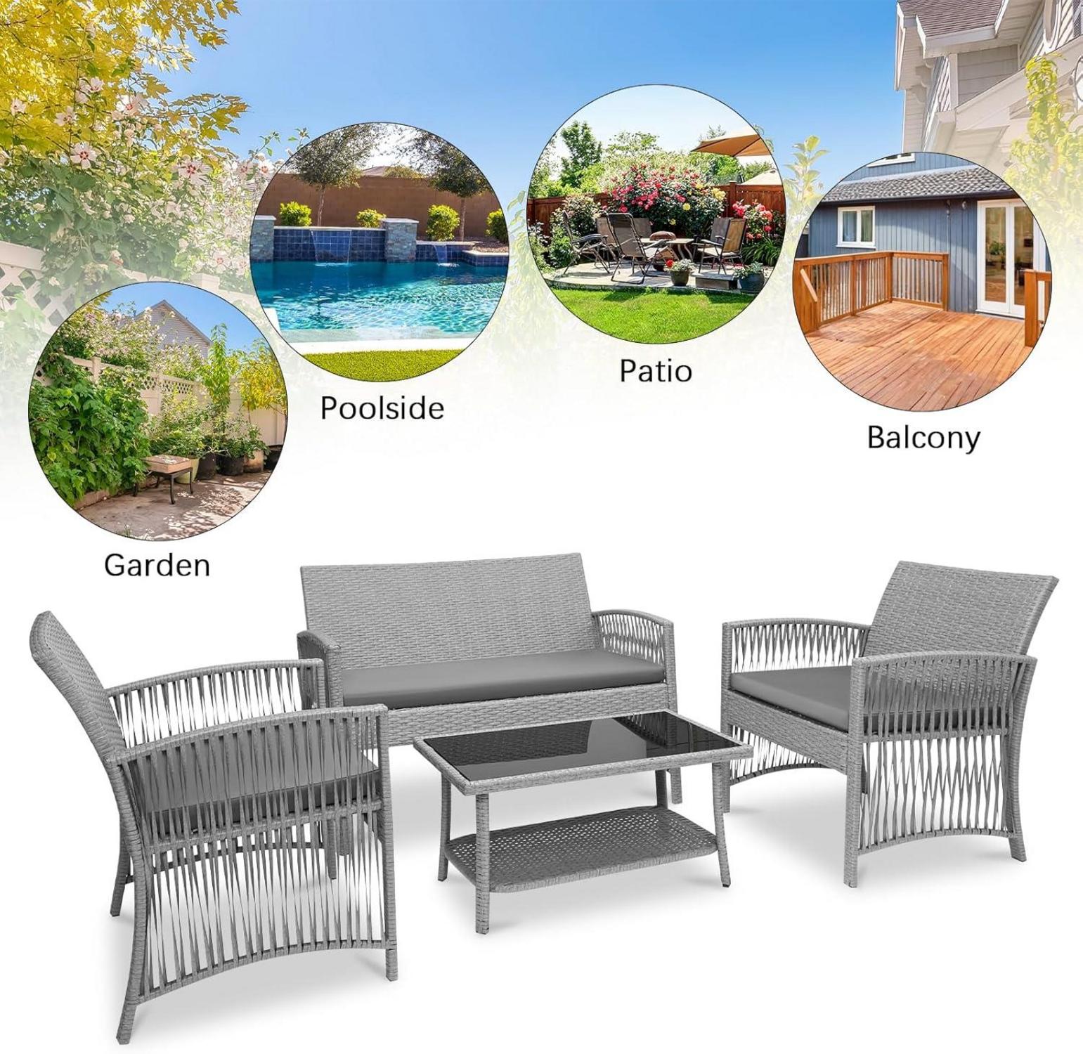 Rattan Gartenmöbel Set 4-Teilig Grau Terrasse Outdoor-widgets Atmungsaktiv, Langlebig