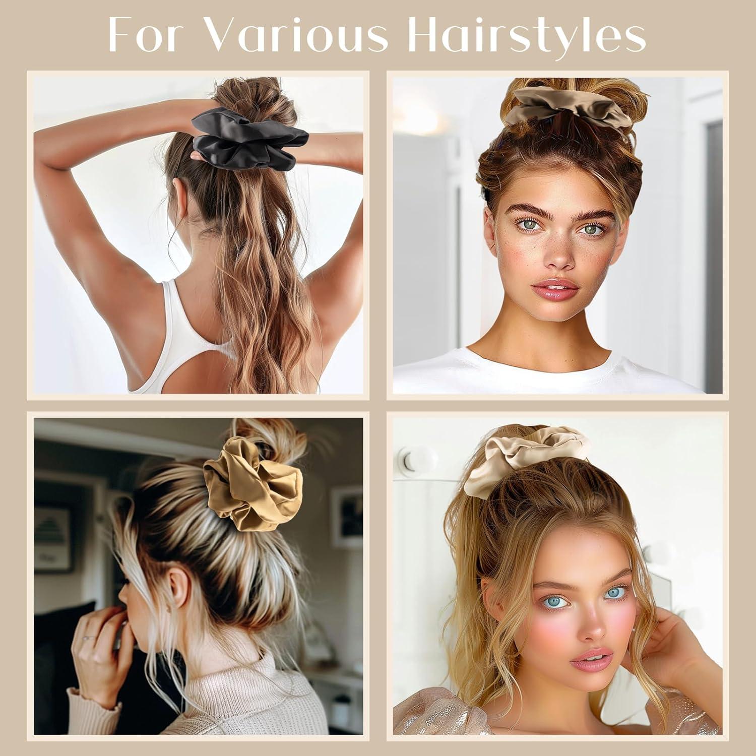 Große Seide Satin Haargummis Scrunchies 4 Damen Mädchen - 4 Farben