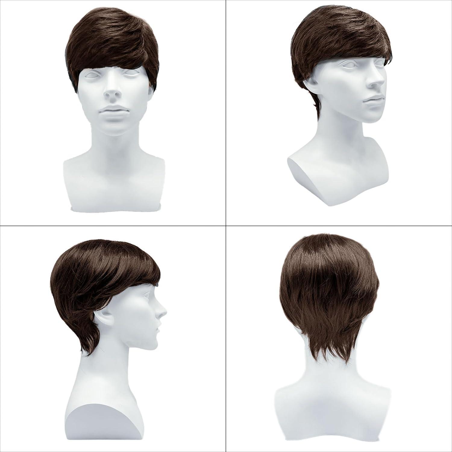 Herren Perücke braun Kurz Haare Layered Wave mit Pony für