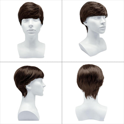 Herren Perücke braun Kurz Haare Layered Wave mit Pony für