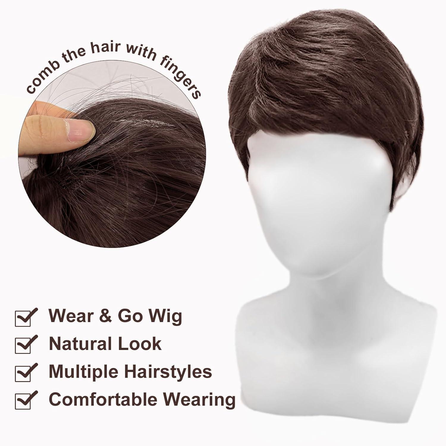 Braune Herren Perücke Kurz Layered Wave mit Pony für Fasching