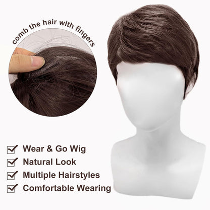 Braune Herren Perücke Kurz Layered Wave mit Pony für Fasching