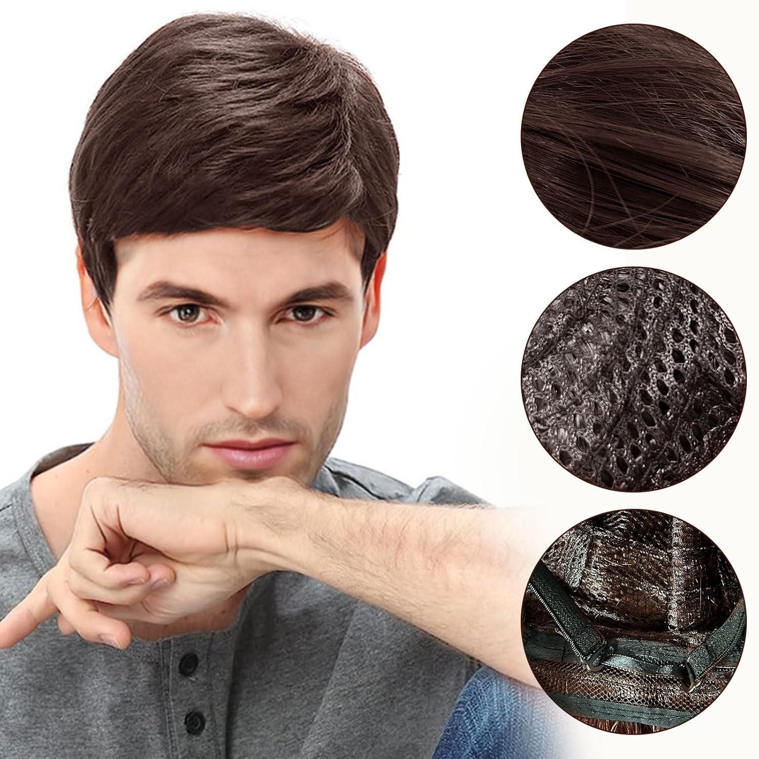 Herren Perücke braun Kurz Haare Layered Wave mit Pony Fasching Halloween Party
