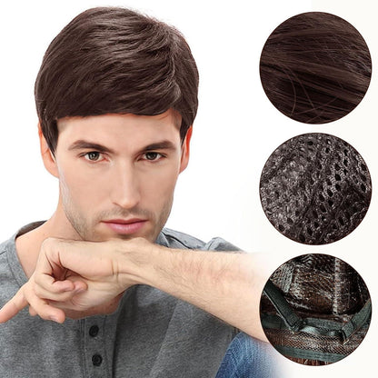 Herren Perücke braun Kurz Haare Layered Wave mit Pony Fasching Halloween Party