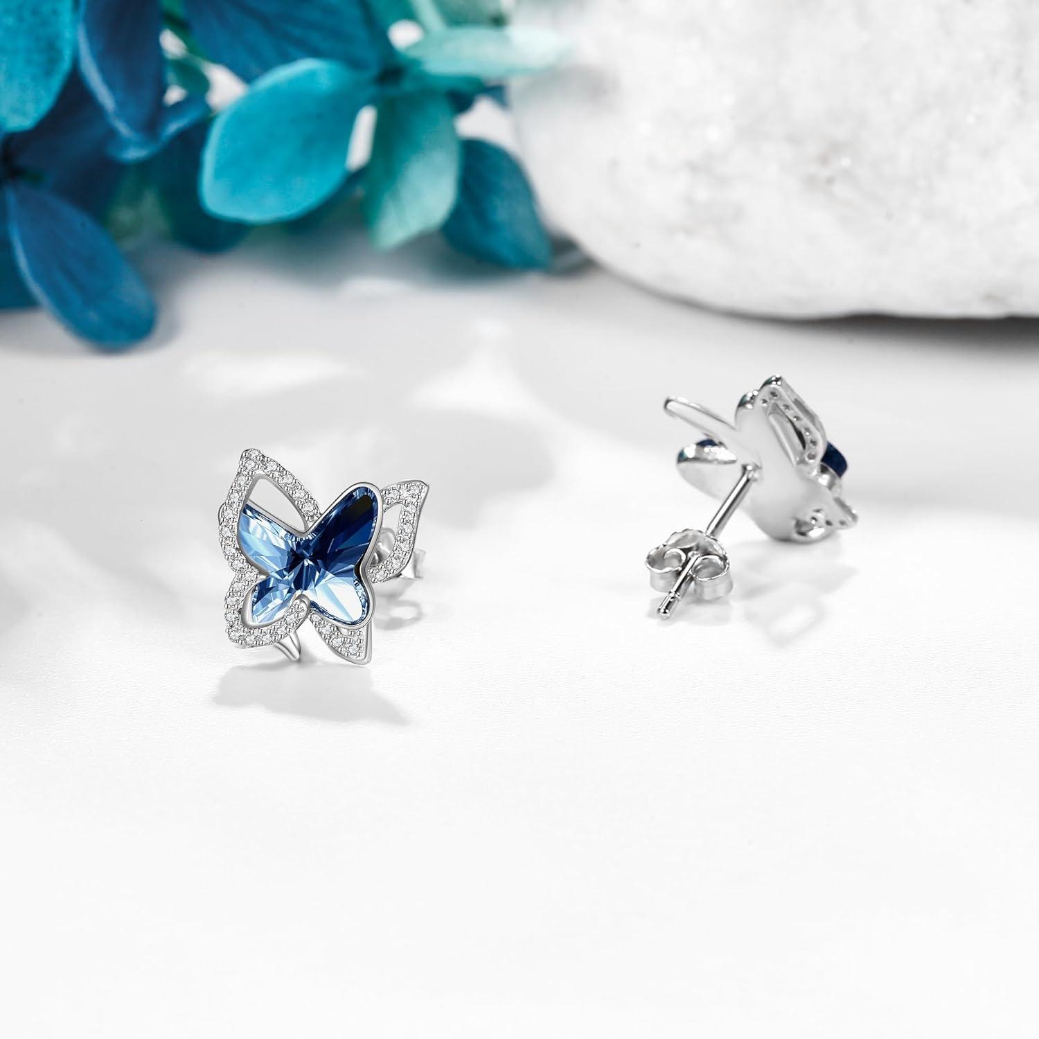925 Sterling Silber Schmetterling Ohrringe mit blauen Kristallen