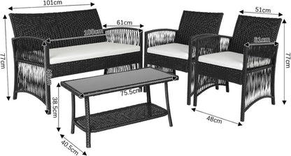 Rattan Gartenmöbel Set 4-Teilig Schwarz Outdoor Terrasse