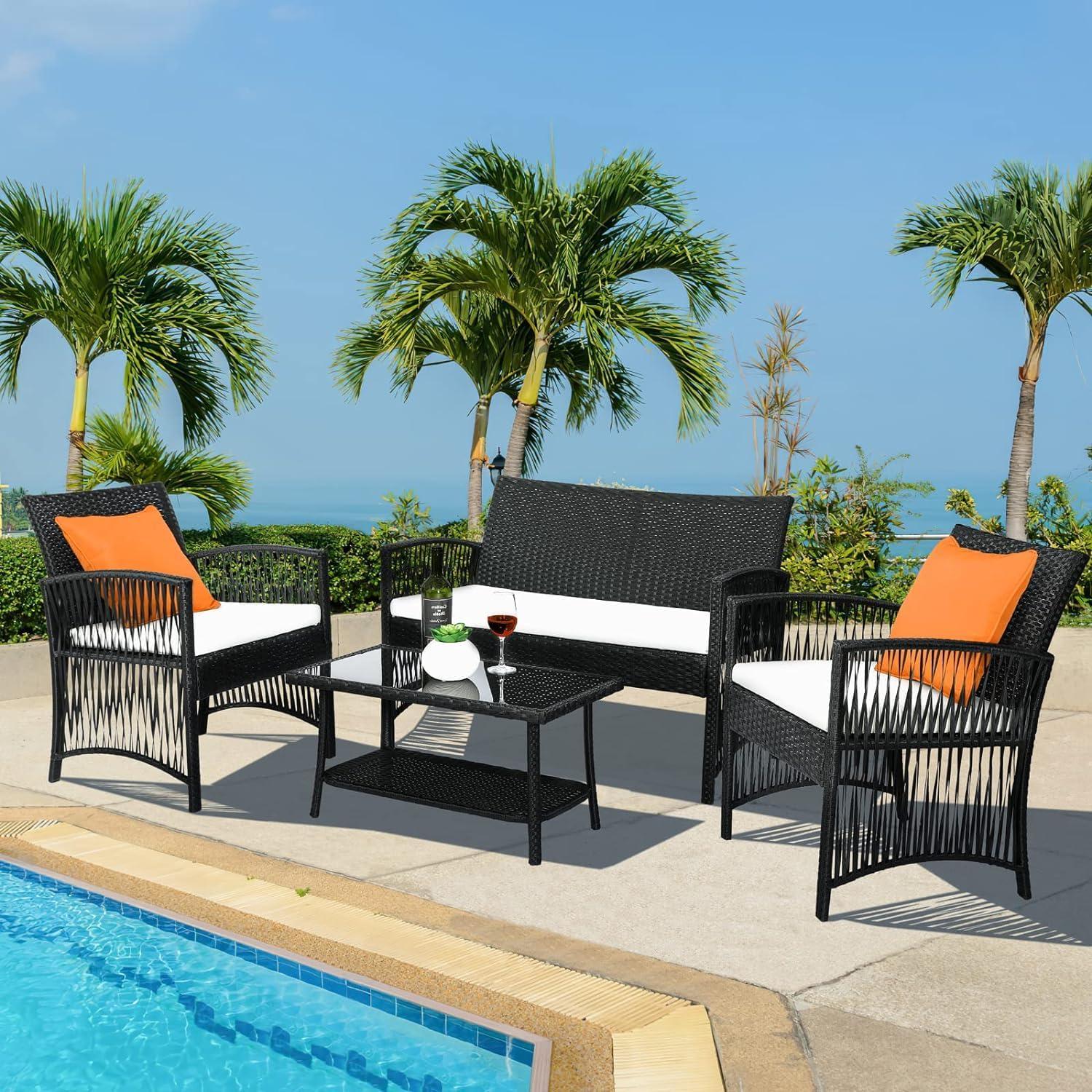 Rattan Gartenmöbel Set 4tlg. Schwarz | Doppelsofa, Einzelsessel, Couchtisch, Sitzkissen