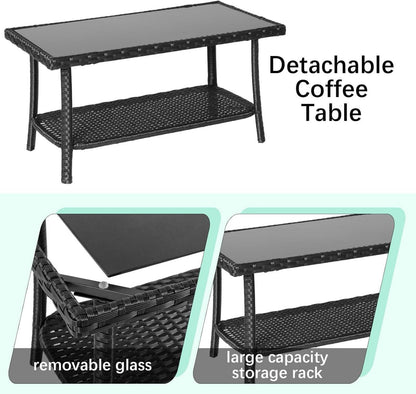 Rattan Gartenmöbel Set 4-Teilig Schwarz Terrasse Outdoor Sitzkissen