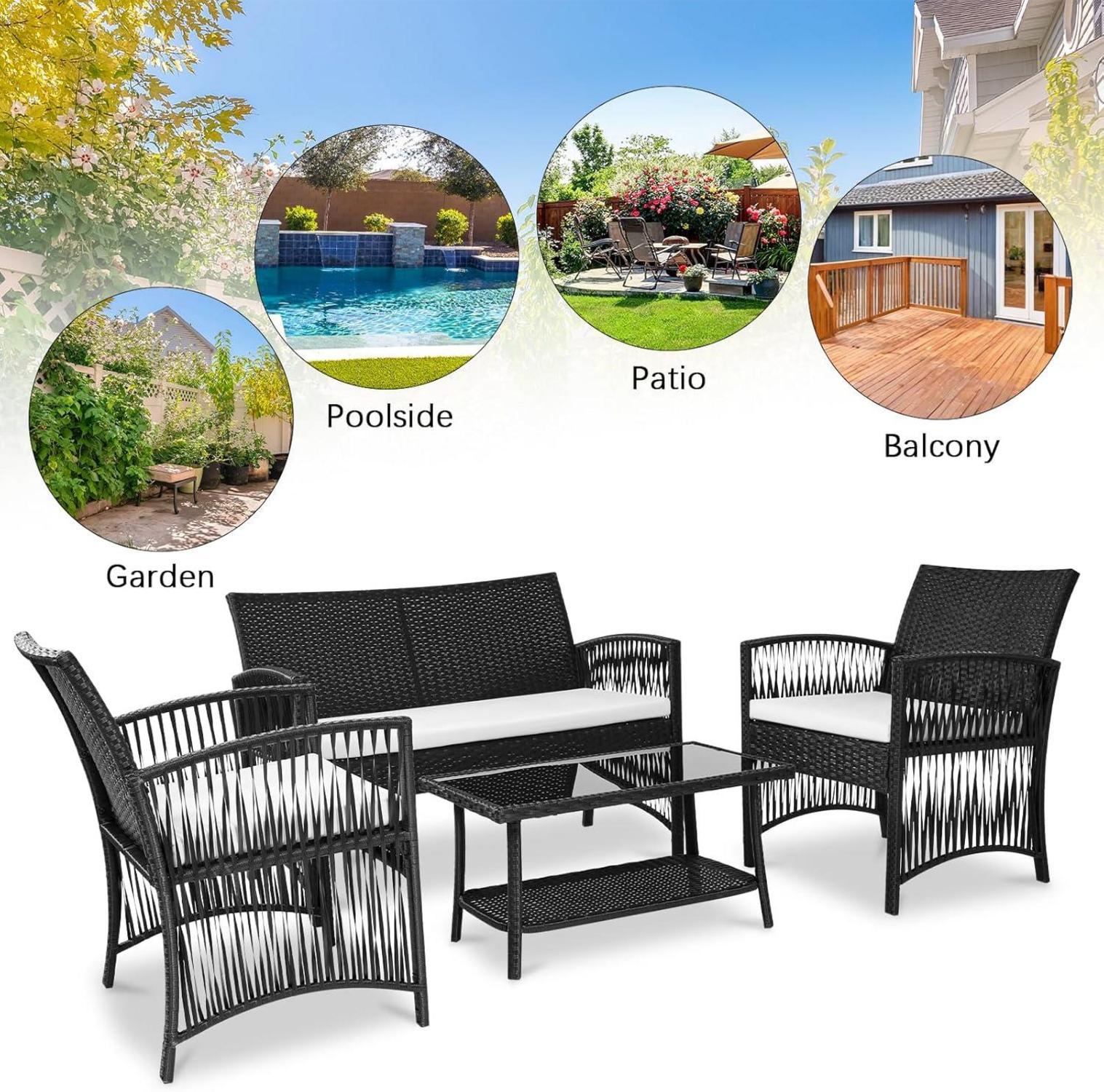Rattan Gartenmöbel Set 4-Teilig Schwarz Terrasse Outdoor Sitzkissen