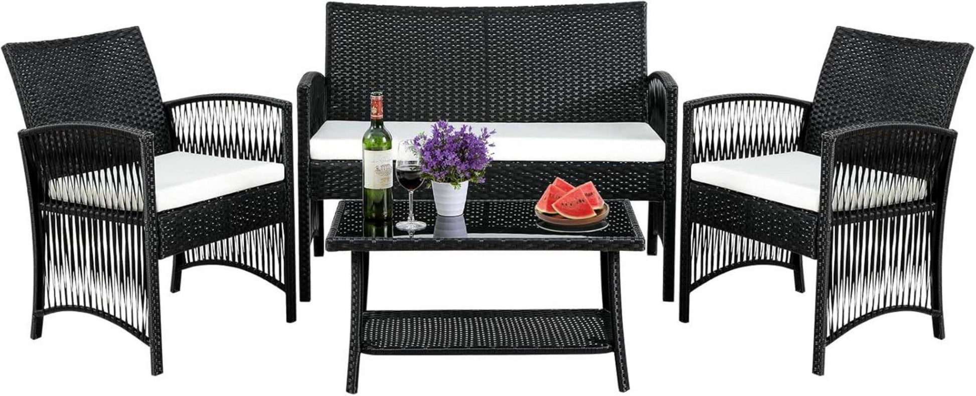 Rattan Gartenmöbel Set 4tlg. Schwarz | Doppelsofa, Einzelsessel, Couchtisch, Sitzkissen