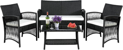 Rattan Gartenmöbel Set 4tlg. Schwarz | Doppelsofa, Einzelsessel, Couchtisch, Sitzkissen