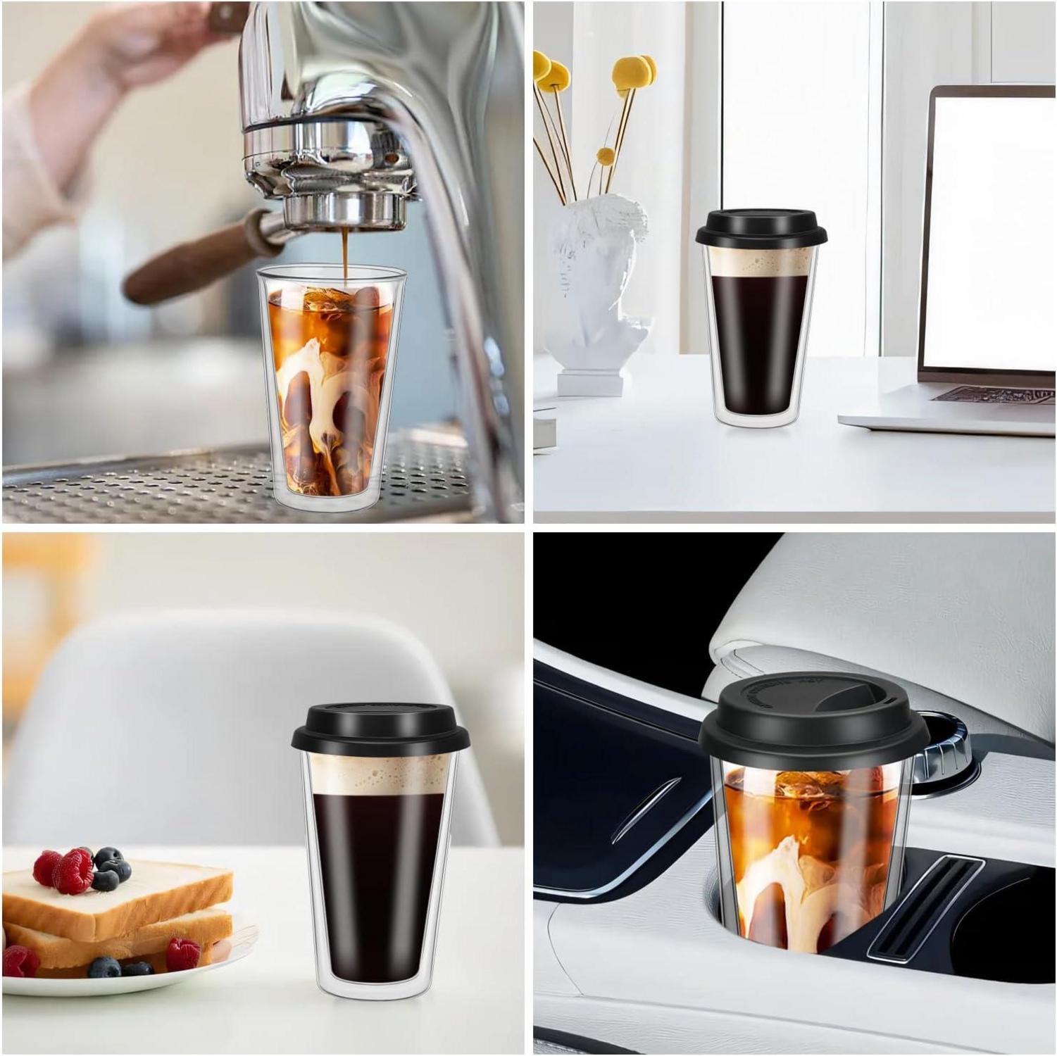 Doppelwandige Kaffeegläser mit Deckel, 12oz, Latte Macchiato, 2er Set, Thermogläser