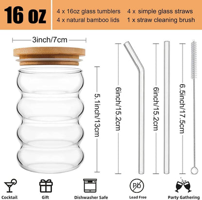 Gerippte Trinkgläser mit Deckel und Strohhalm 4er Set 530ml