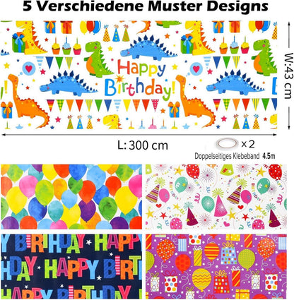 CHEPULA Geschenkpapier Geburtstag Kinder 5 Rollen 43x300 cm