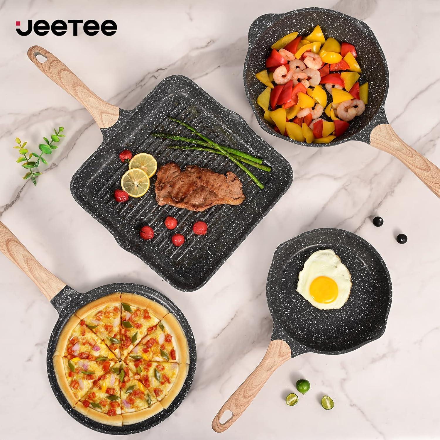 JEETEE Wesentlich Topfset Pfannenset 23-tlg. Antihaft-Granit Induktion Kochtopf Set met Deckel Bratpfanne Kasserolle Grillpfanne Crêpe-Pfanne Grau