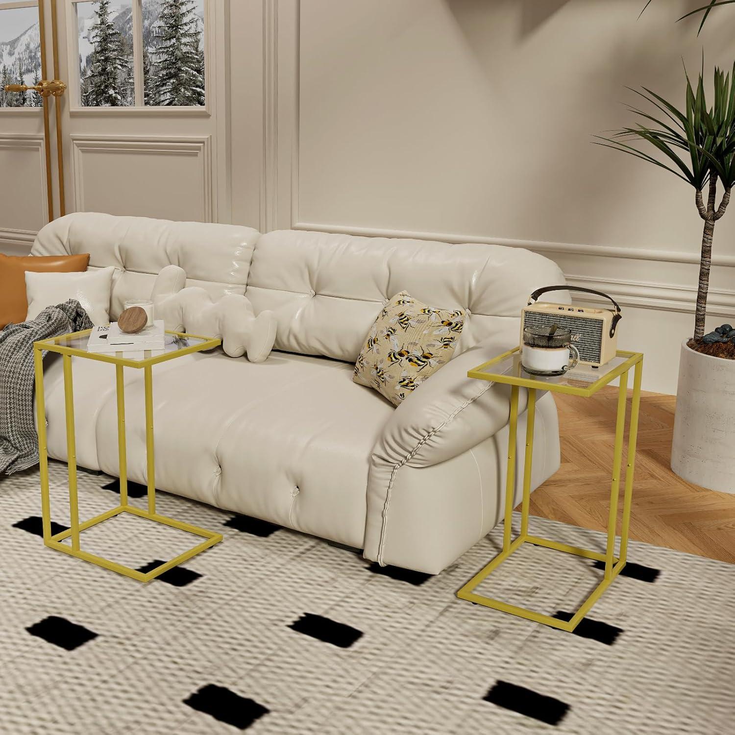 Beistelltisch C Form Couch Kaffeetisch Sofatisch Glas golden 2er Set