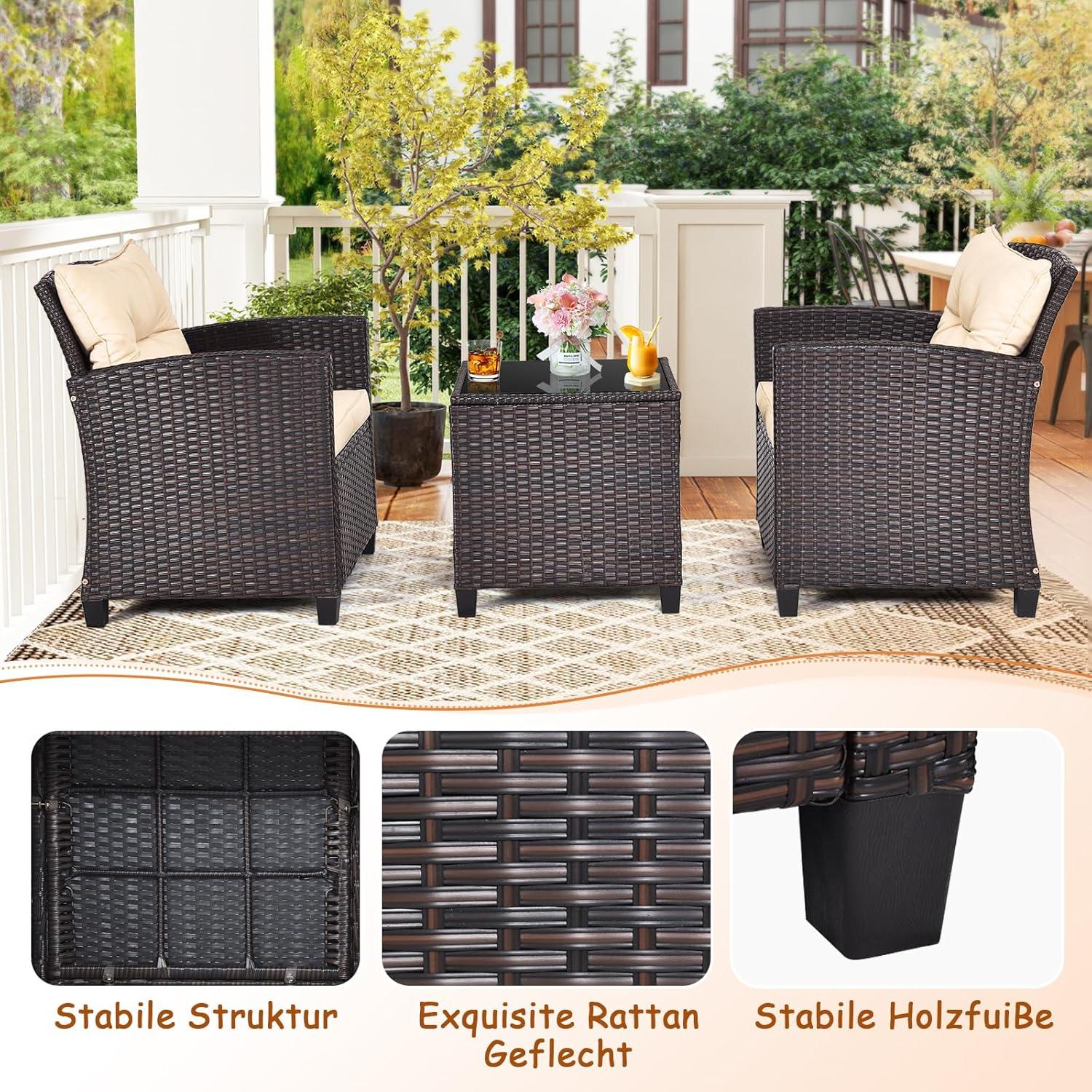 Rattan Balkonset Polyrattan Gartenmöbel Gartensessel & Tisch Outdoor Set Bistro inkl. Kissen