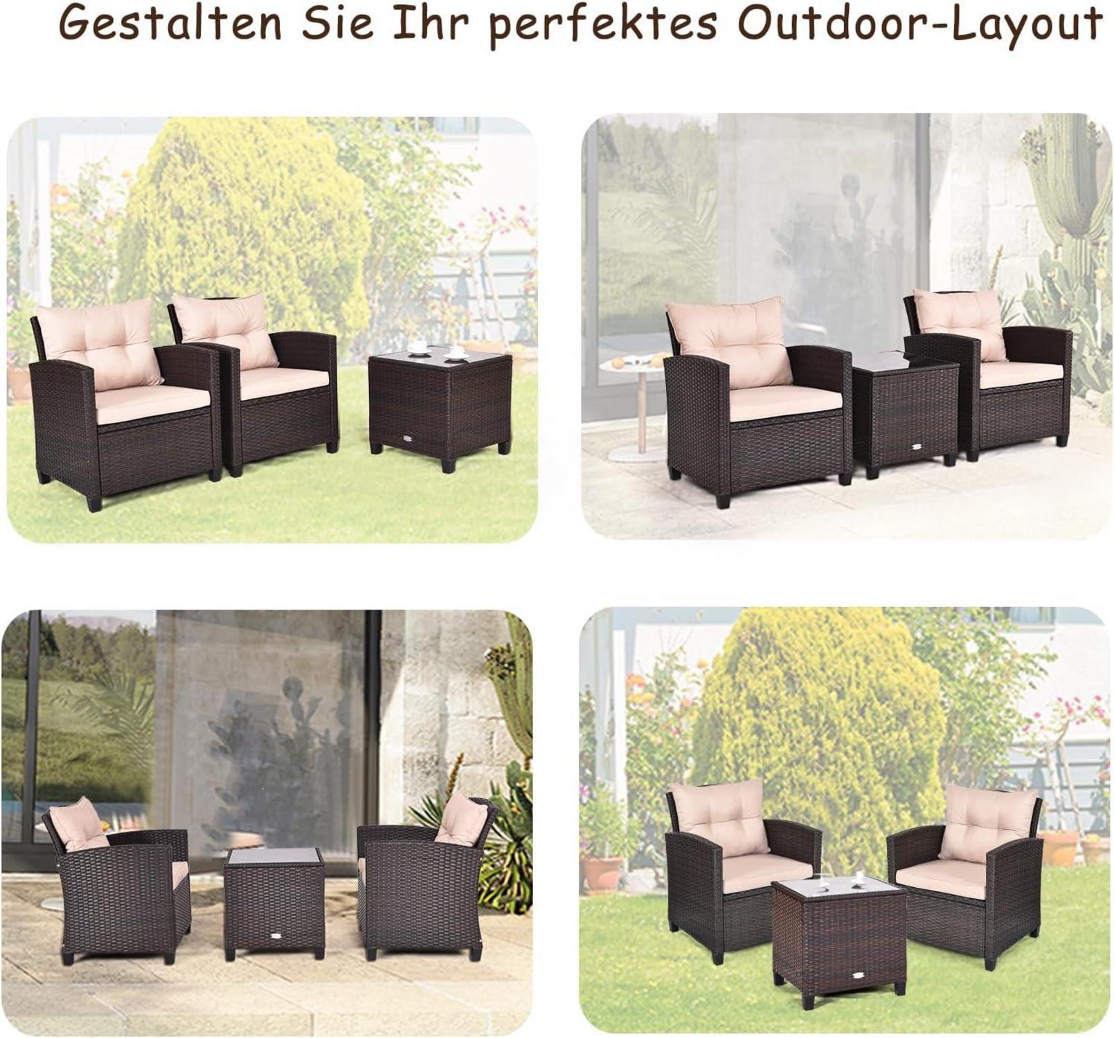 Rattan Balkonset Polyrattan Gartensitzgruppe mit Sitzkissen & Rückenkissen