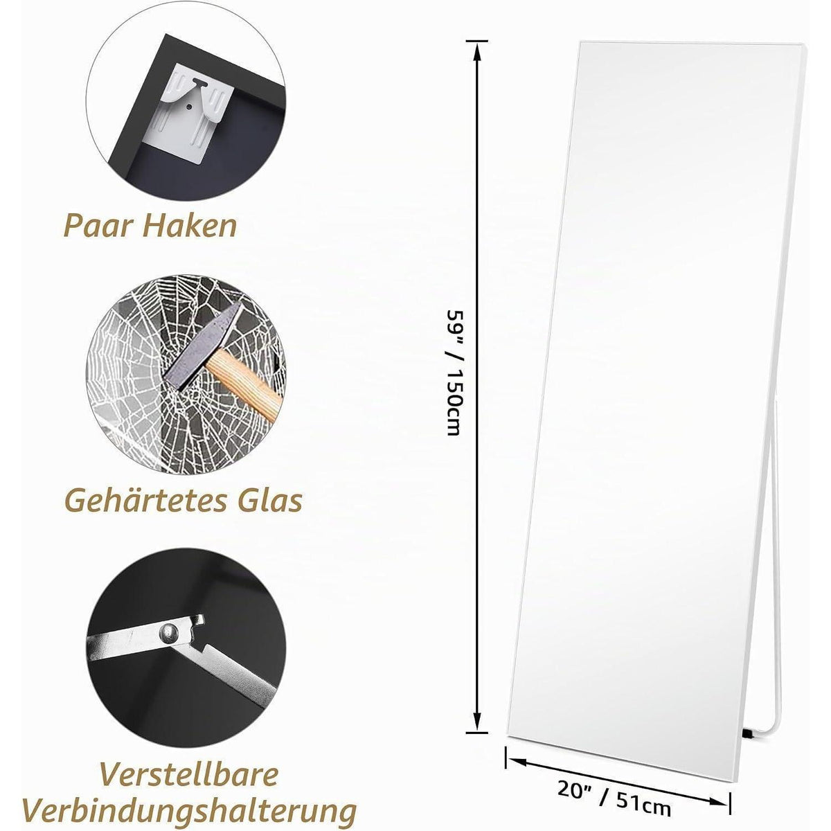 Standspiegel Weiß 150x51 cm – Gehärtetes Glas, PVC-Rahmen