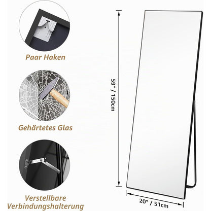 Standspiegel Schwarz 150x51cm – Gehärtetes Glas, PVC-Rahmen