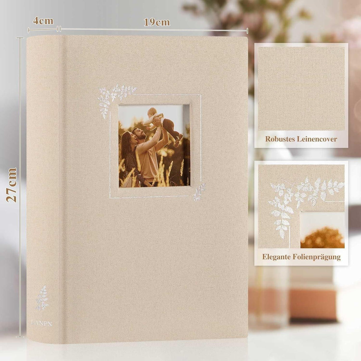 Fotoalbum zum Selbstgestalten, Leinen Buch mit Fenster, Beige