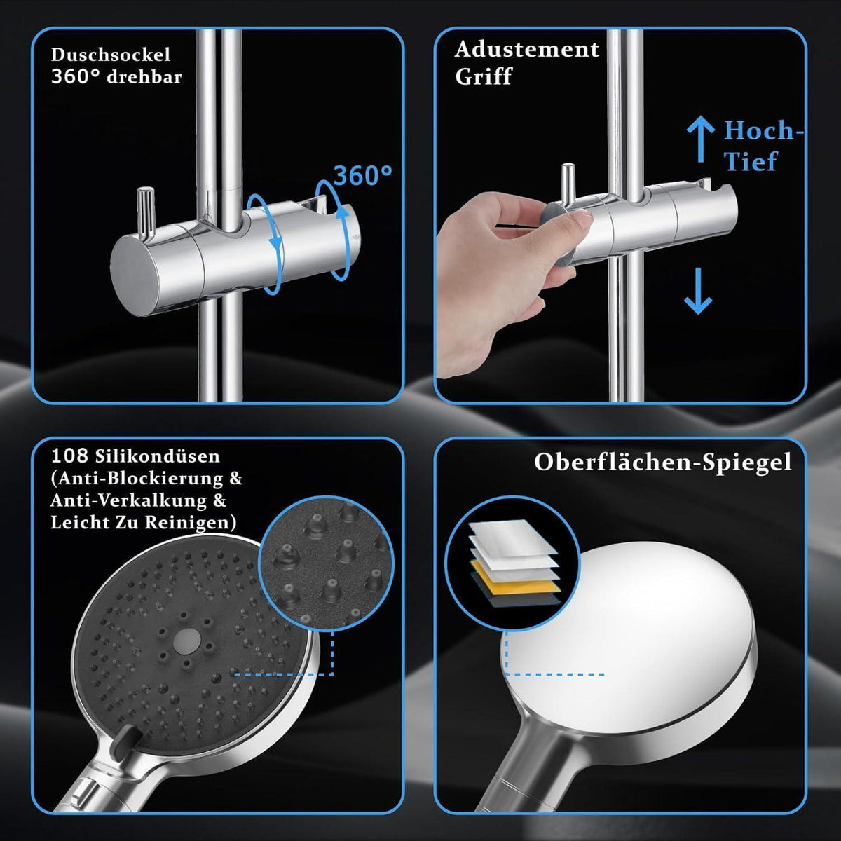 Edelstahl Duschstange mit Brause 90cm – Komplettset mit Handbrause