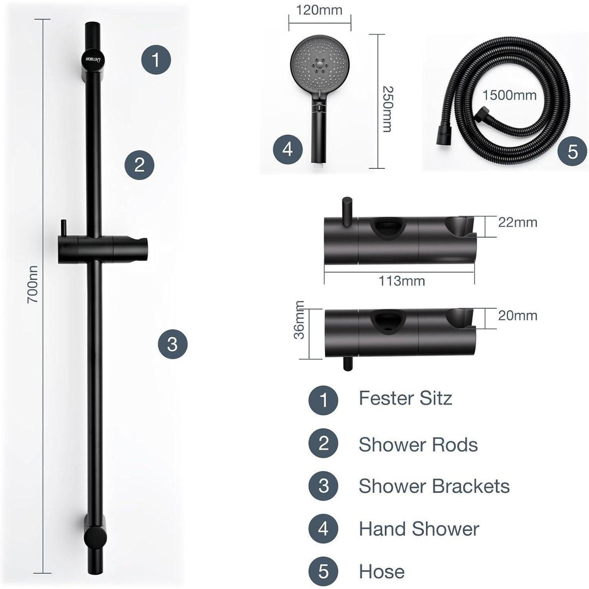 Edelstahl Duschstange mit Brause 90cm – Komplettset Schwarz