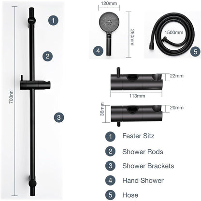 Edelstahl Duschstange mit Brause 90cm – Komplettset Schwarz