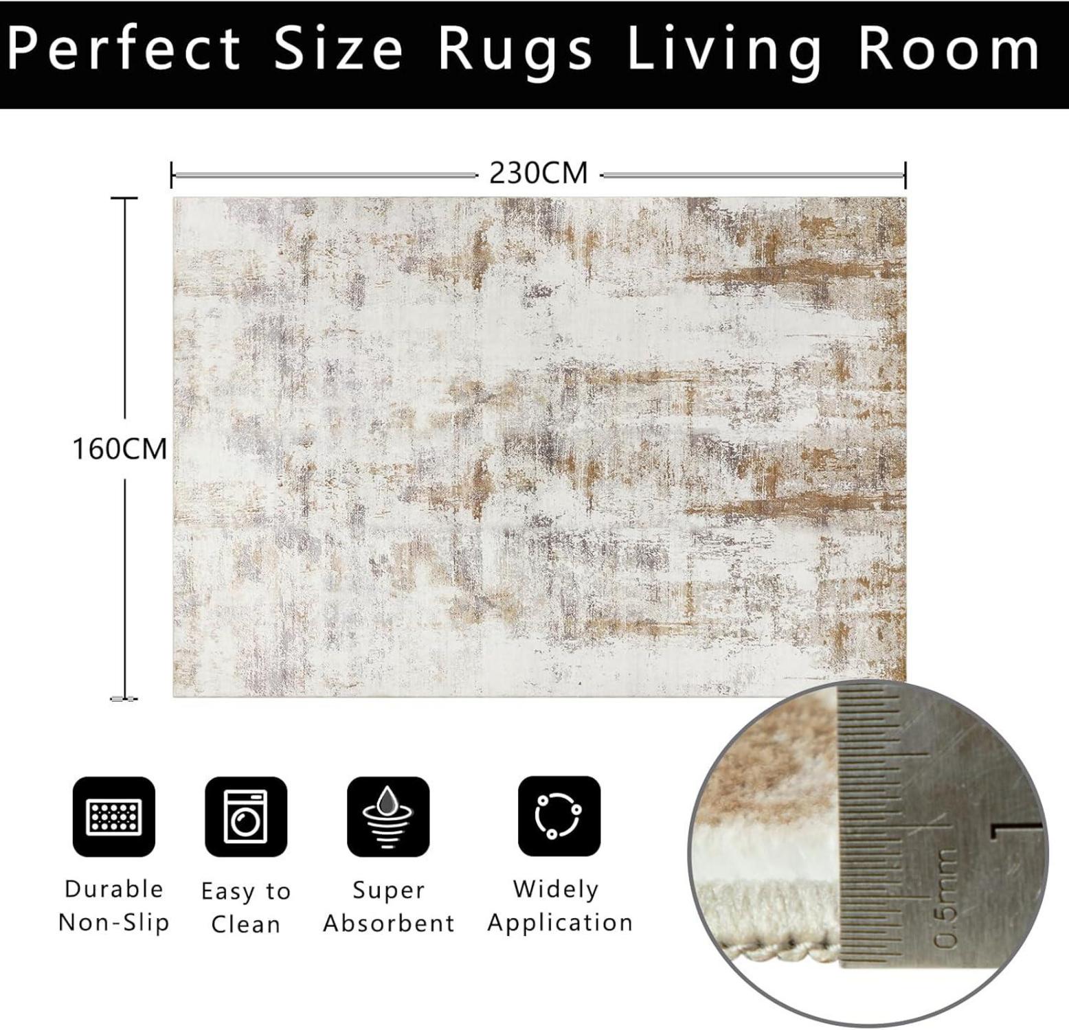 Großer Teppich 160x230cm Kurzflor Beige Modern Retro Design