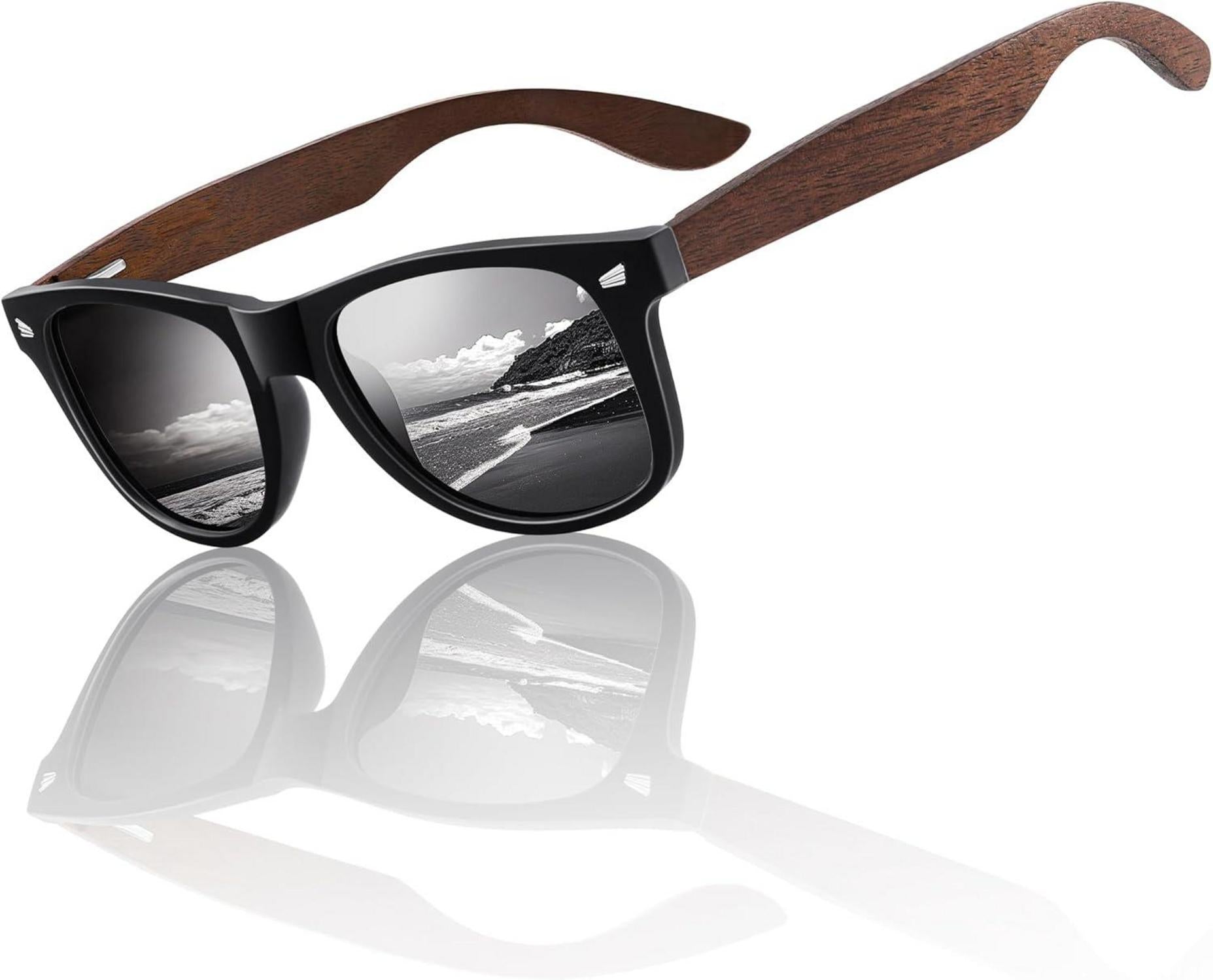 Polarisierte Vintage Sonnenbrille Schwarz Walnussholz UV400