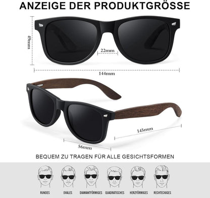 Polarisierte Vintage Sonnenbrille Schwarz Walnussholz UV400