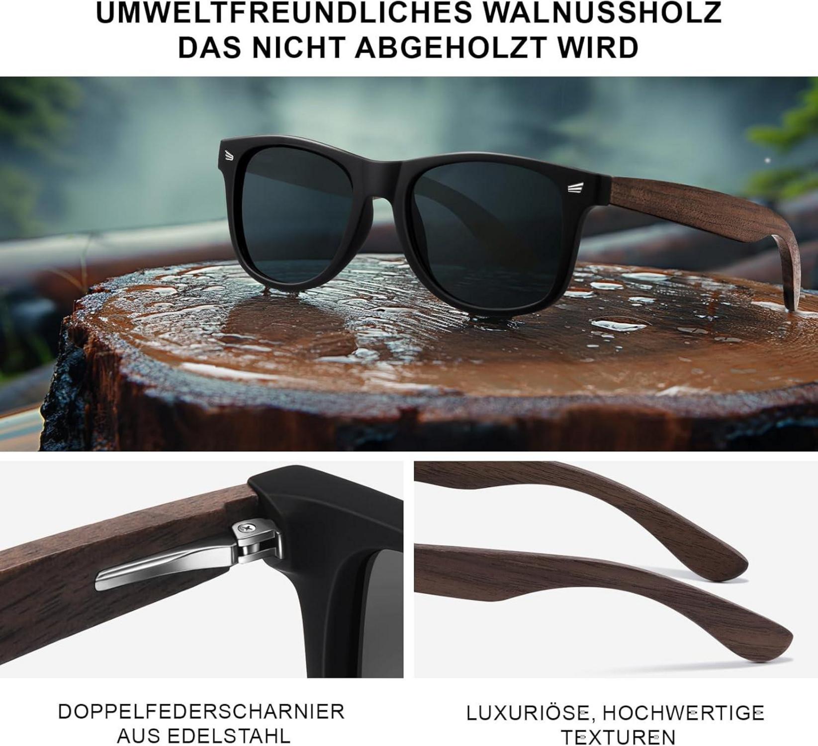 Polarisierte Holz Sonnenbrille Walnuss UV400 Retro Schwarz UV Angeln
