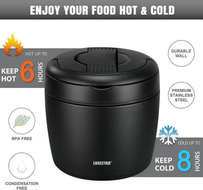 Thermobehälter 970ml Edelstahl Warmhaltebehälter mit Löffel Schwarz