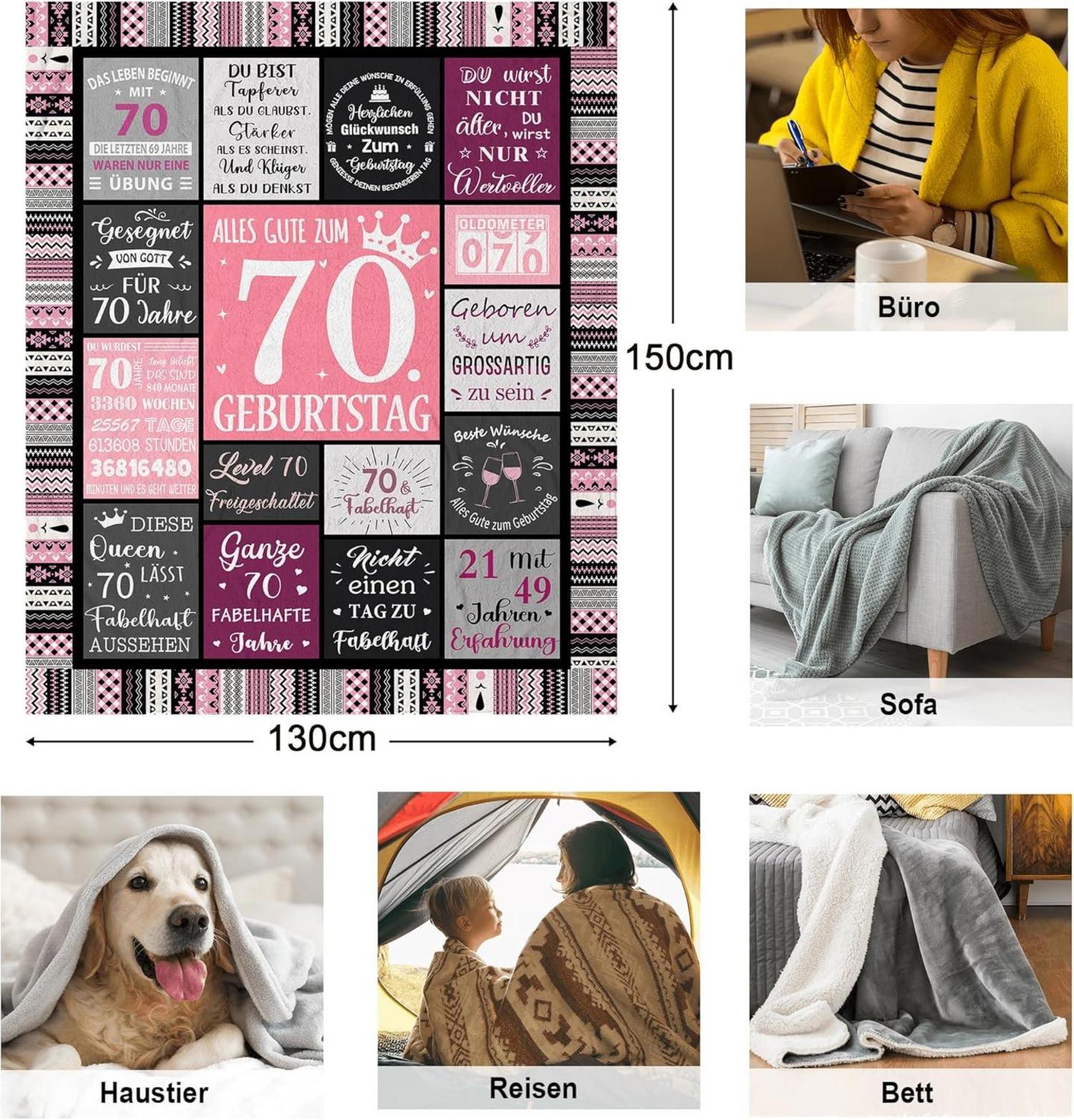 70. Geburtstag Frauen Deko Flanelldecke 150x130CM 100% Polyester