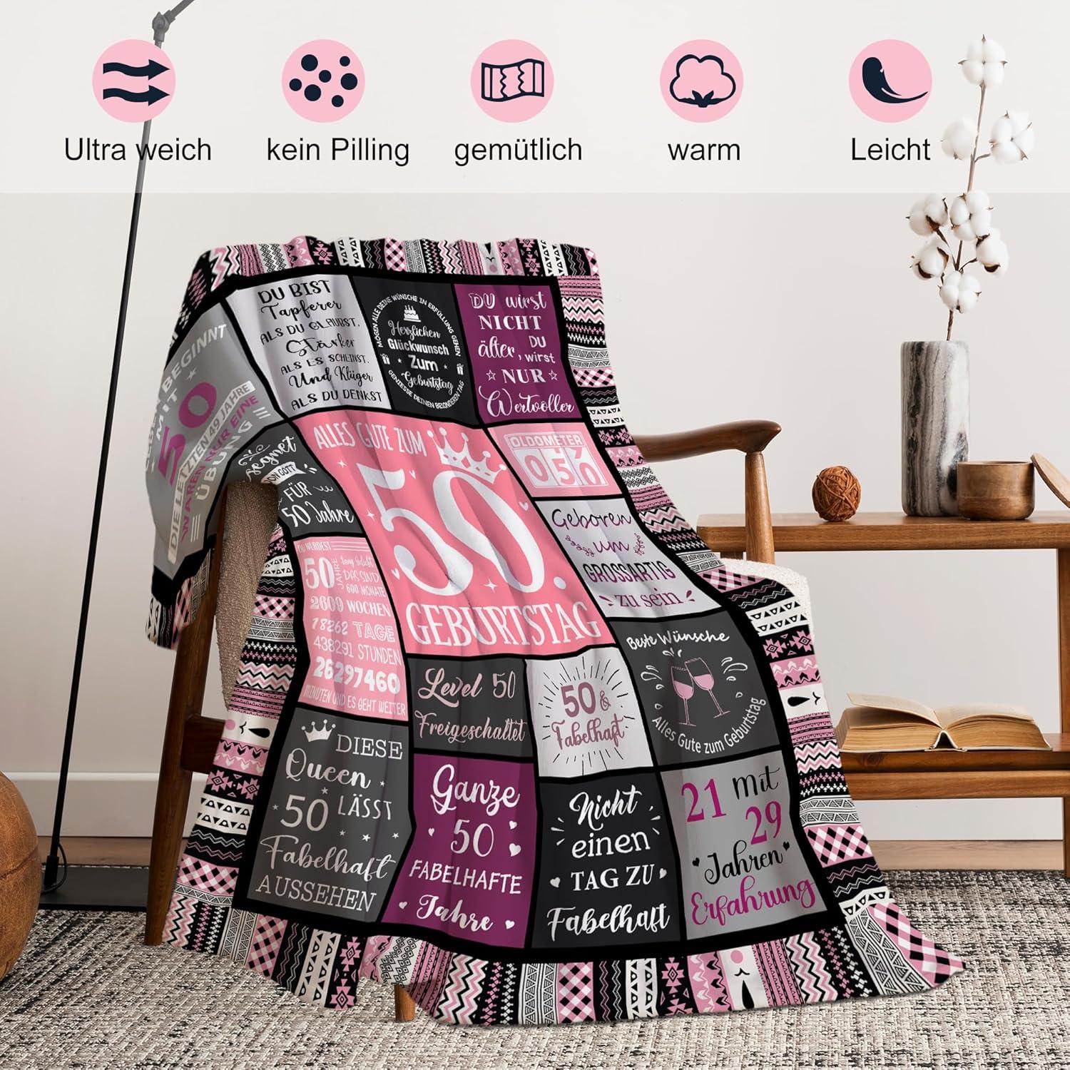 Flanell Decke 150x130CM Geschenk 50. Geburtstag Frau Gemütlich & Weich