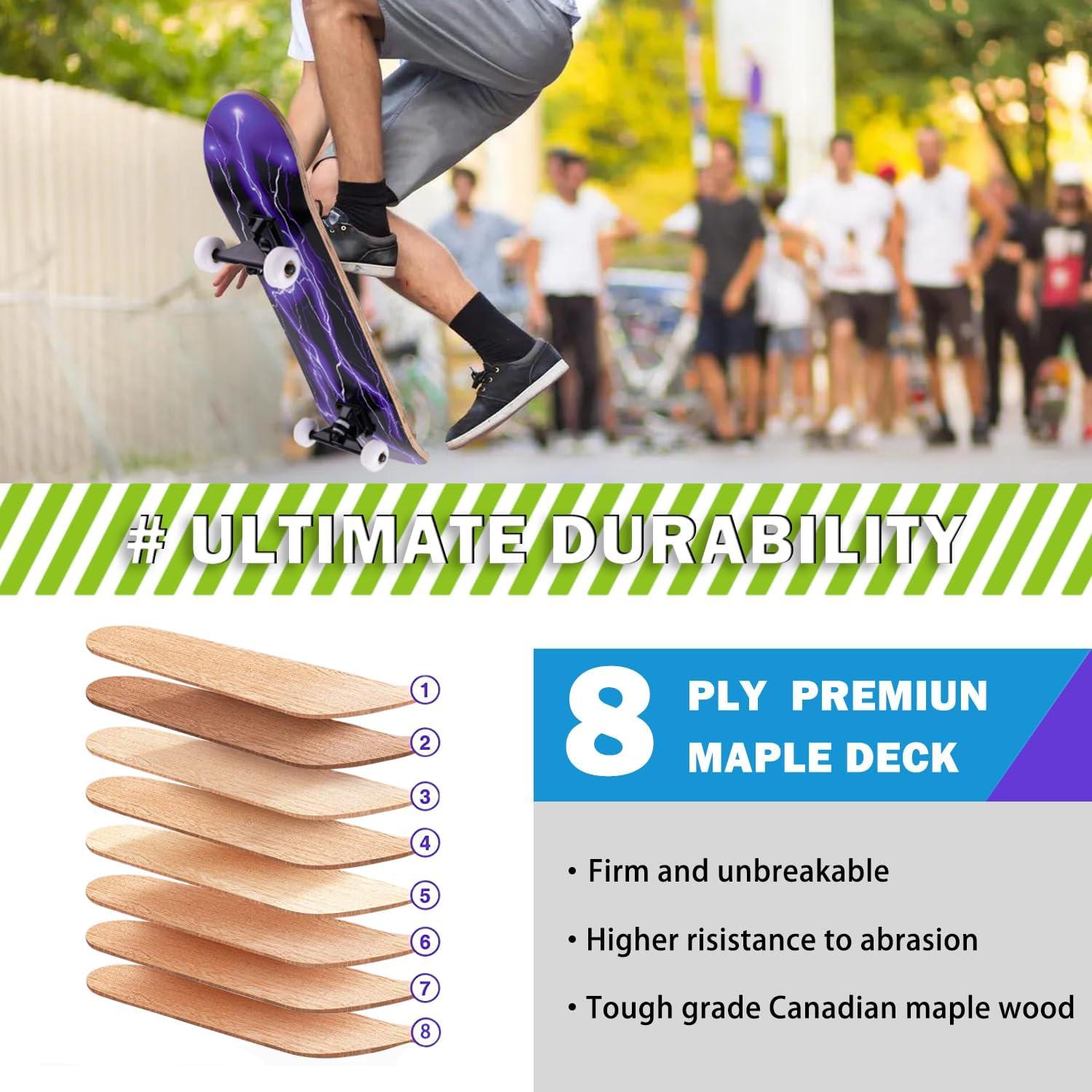 Komplettes Skateboard 31 x 8 Zoll, Ahornholz, ABEC-11 Kugellager, 95A Rollen Purple