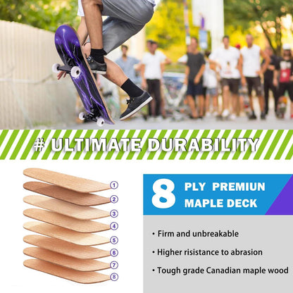 Komplettes Skateboard 31 x 8 Zoll, Ahornholz, ABEC-11 Kugellager, 95A Rollen Purple