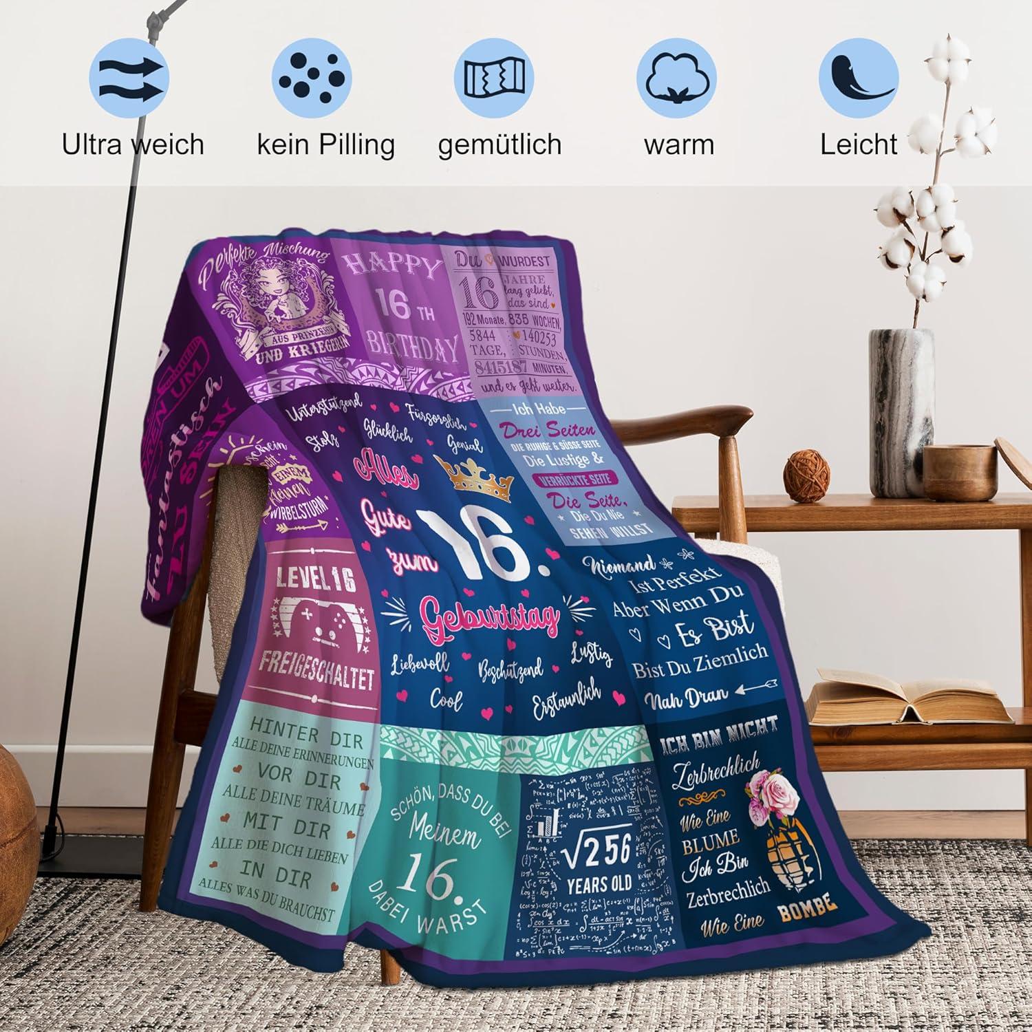 Yesbird 16 Geburtstag Mädchen Geschenk Decke 150x130CM 100% Polyester