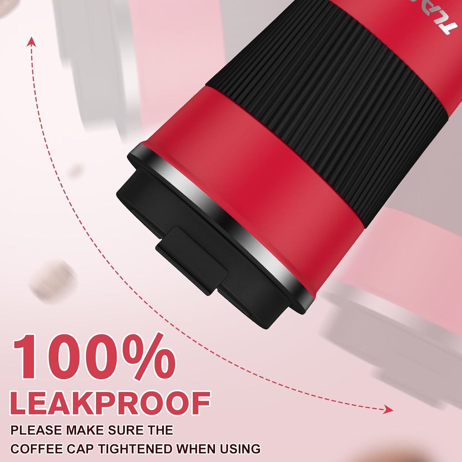 Tlater Stainless Steel Travel Mug, Vacuum Insulated Leak-Proof Thermal Coffee Mug, 380 ml - Rot Schwarz